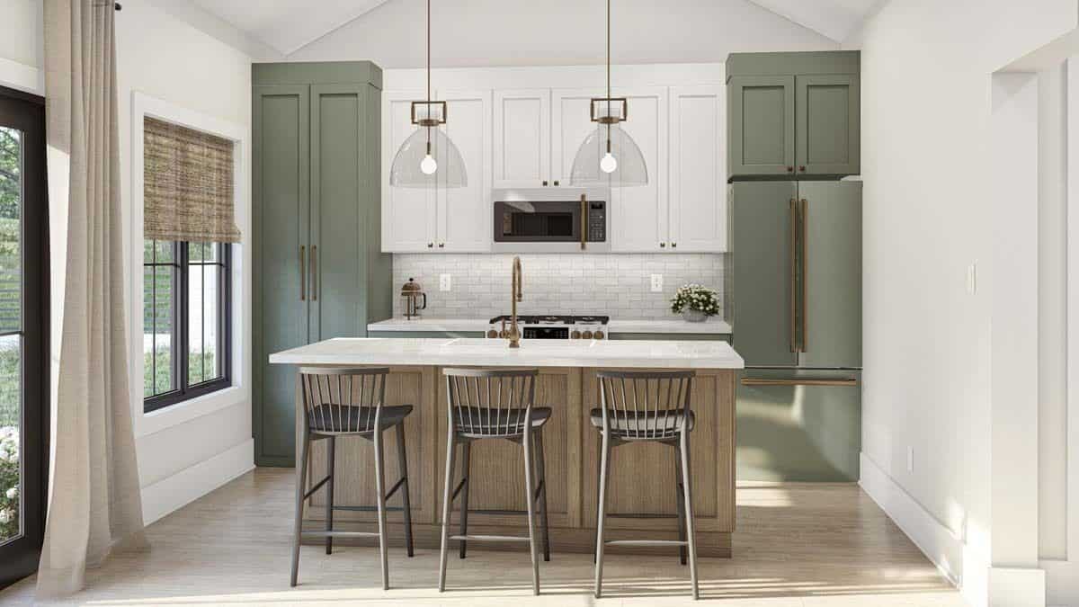 A vaulted ceiling adorned with glass dome pendants crowns the kitchen.
