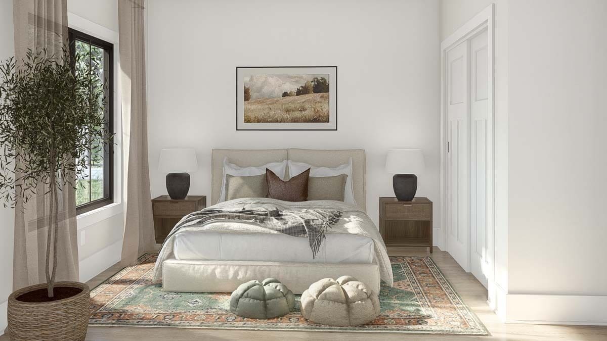 Bedroom with an upholstered bed, wooden nightstands, and a built-in wardrobe with sliding doors.