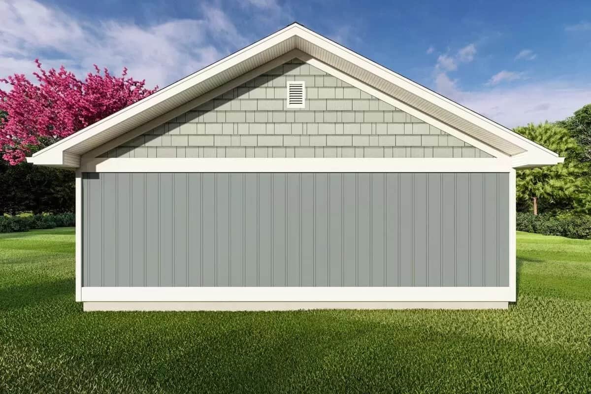 Rear view with vertical siding and cedar shakes.