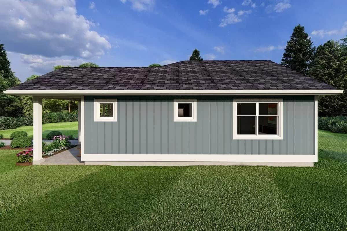 Right view with white-framed windows and a covered porch.