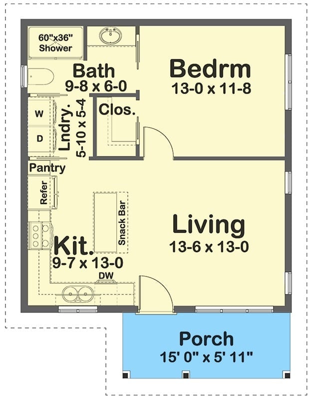 Main level floor plan of a 1-bedroom cottage style single-story ADU with front porch, living room, kitchen, laundry, and bedroom with full bath access.