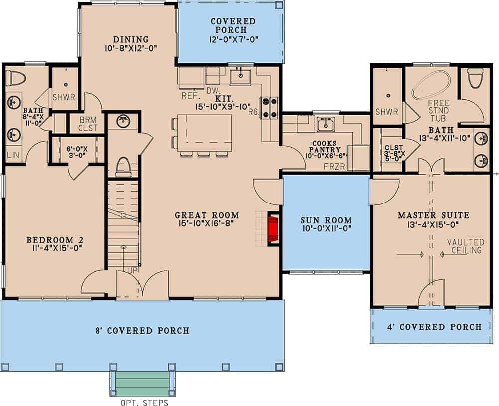 Main level floor plan of a 3-bedroom rustic two-story home with foyer, great room, kitchen, dining room, two bedrooms, and a sunroom.