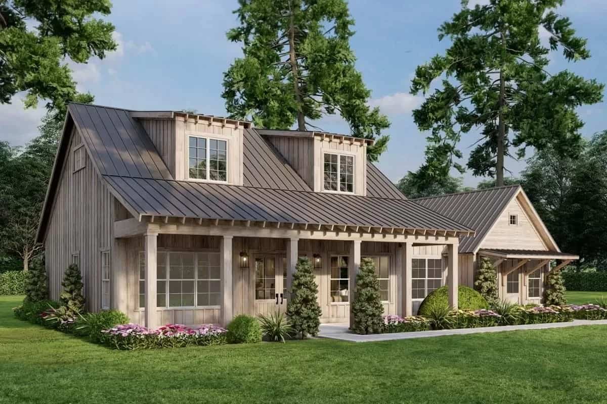 Front-left view with a covered patio topped with twin shed dormers.