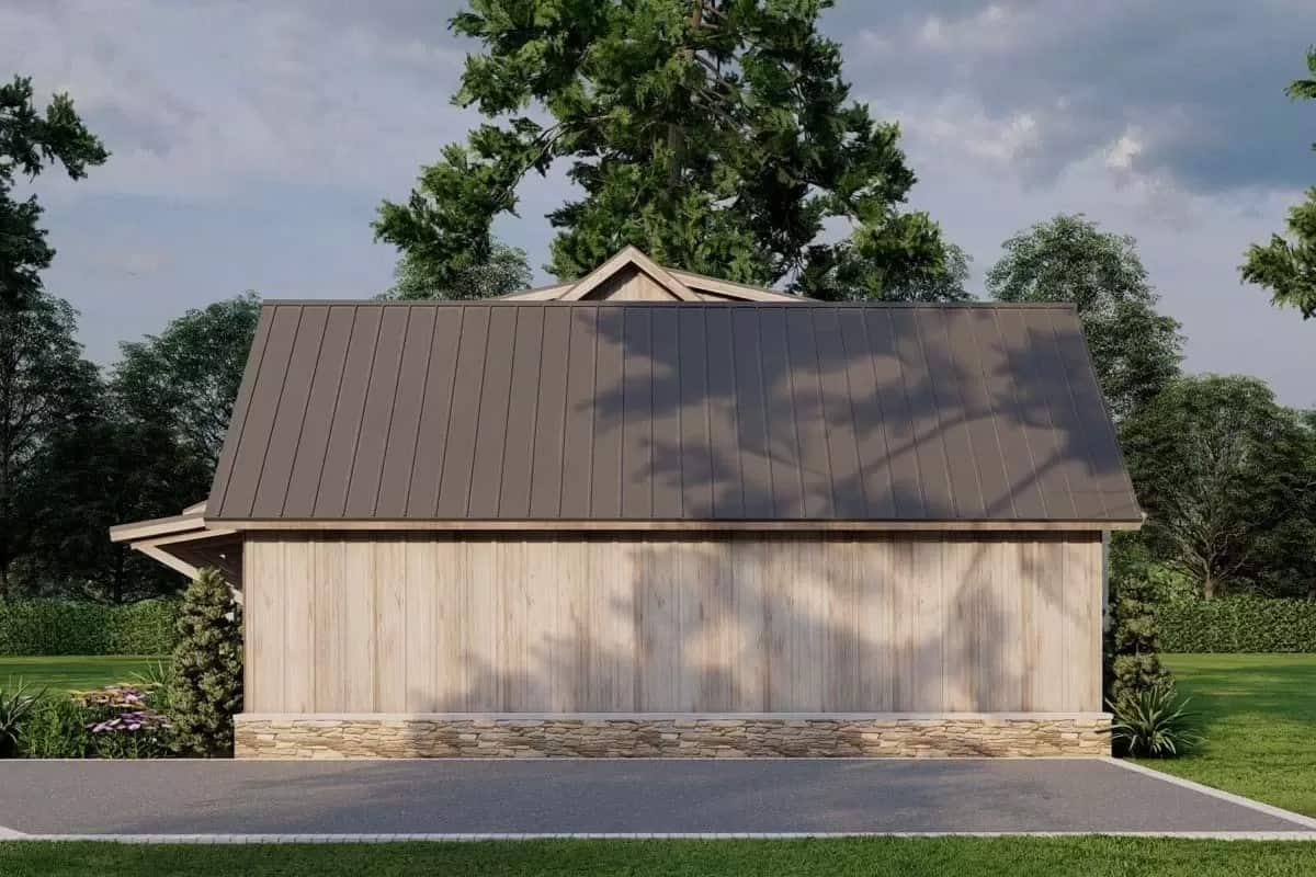 Left view with a stone base and wood siding.