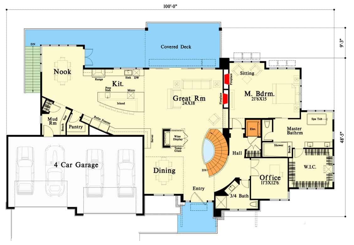Main level floor plan of a three-story mountain 5-bedroom modern home with a foyer, dining room, great room, kitchen, breakfast nook, primary suite, office, and mudroom leading to the garage.