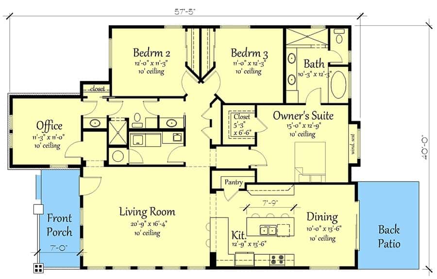 Main level floor plan of a 4-bedroom craftsman style singe-story home with a living room, kitchen, dining area, three bedrooms, and a home office.