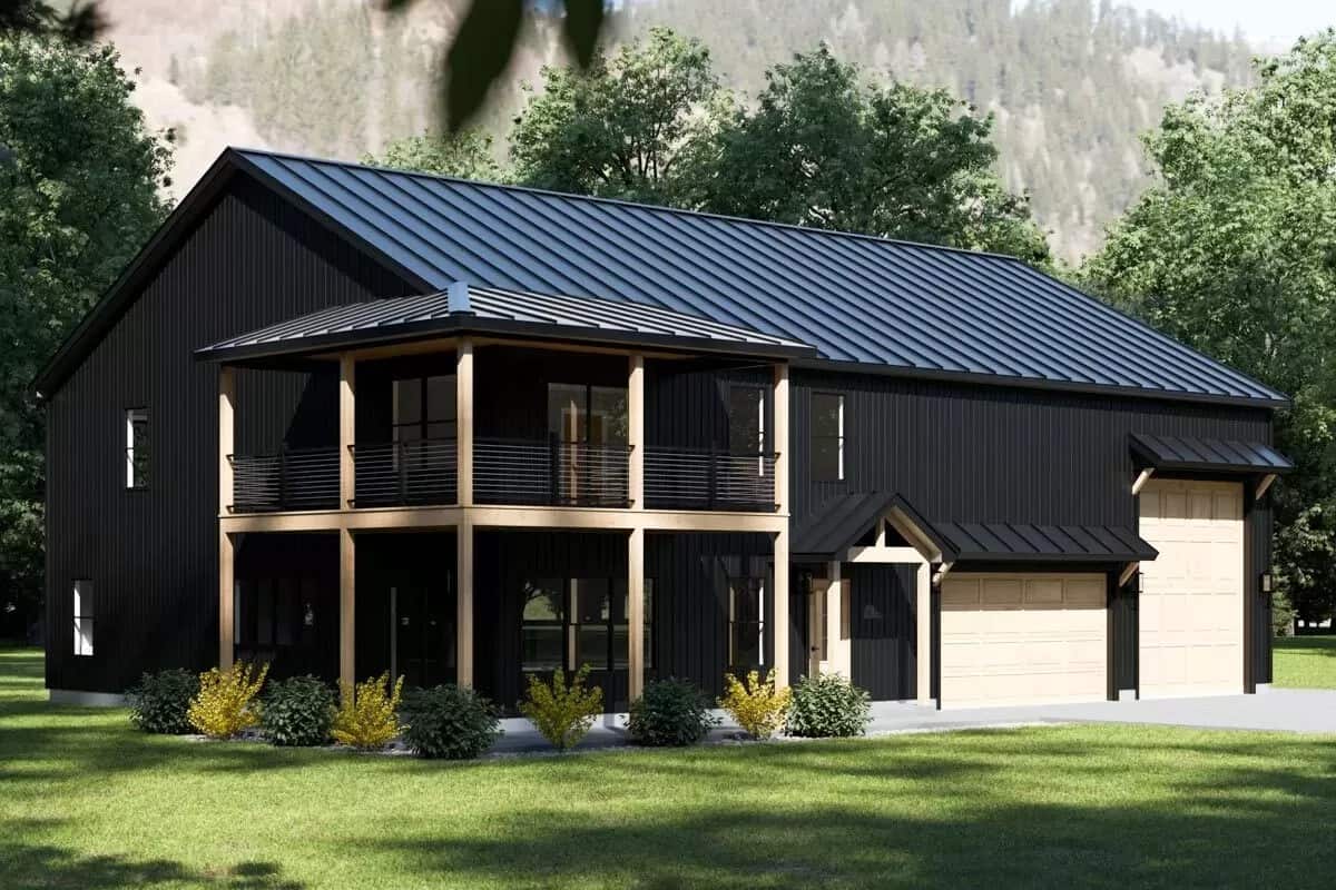 Front-left view showcasing the stacked porches supported by timber posts.