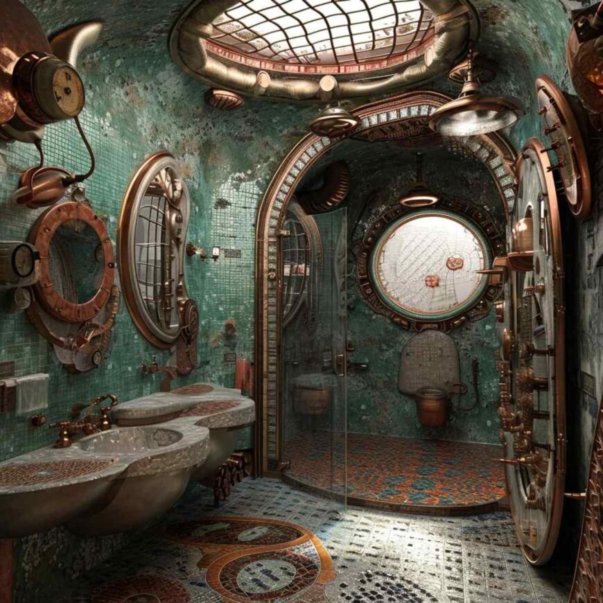 View of 39 Steampunk-Industrial Bathrooms Conjure Up Victorian Visions and Pipe ...