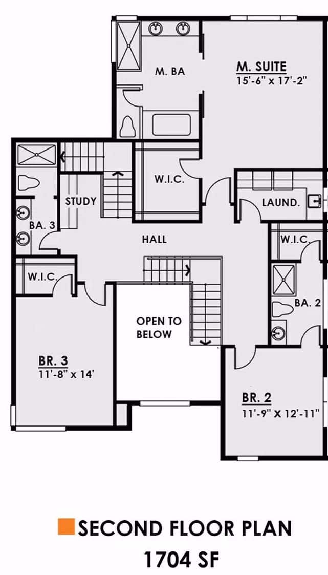 Second level floor plan with three bedrooms, study nook, and laundry room.