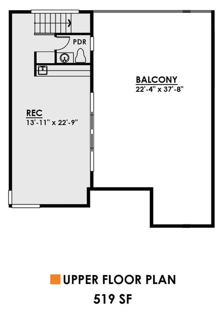Third level floor plan with a rec room, a powder bath, and a balcony.