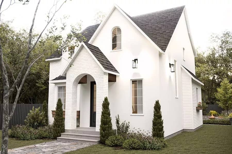 Front-right view with an arched entry and white framed windows.