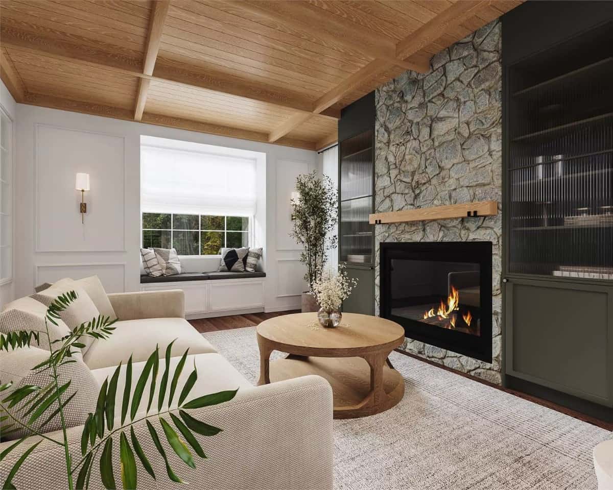 The window seat nook brings natural light into the living room.