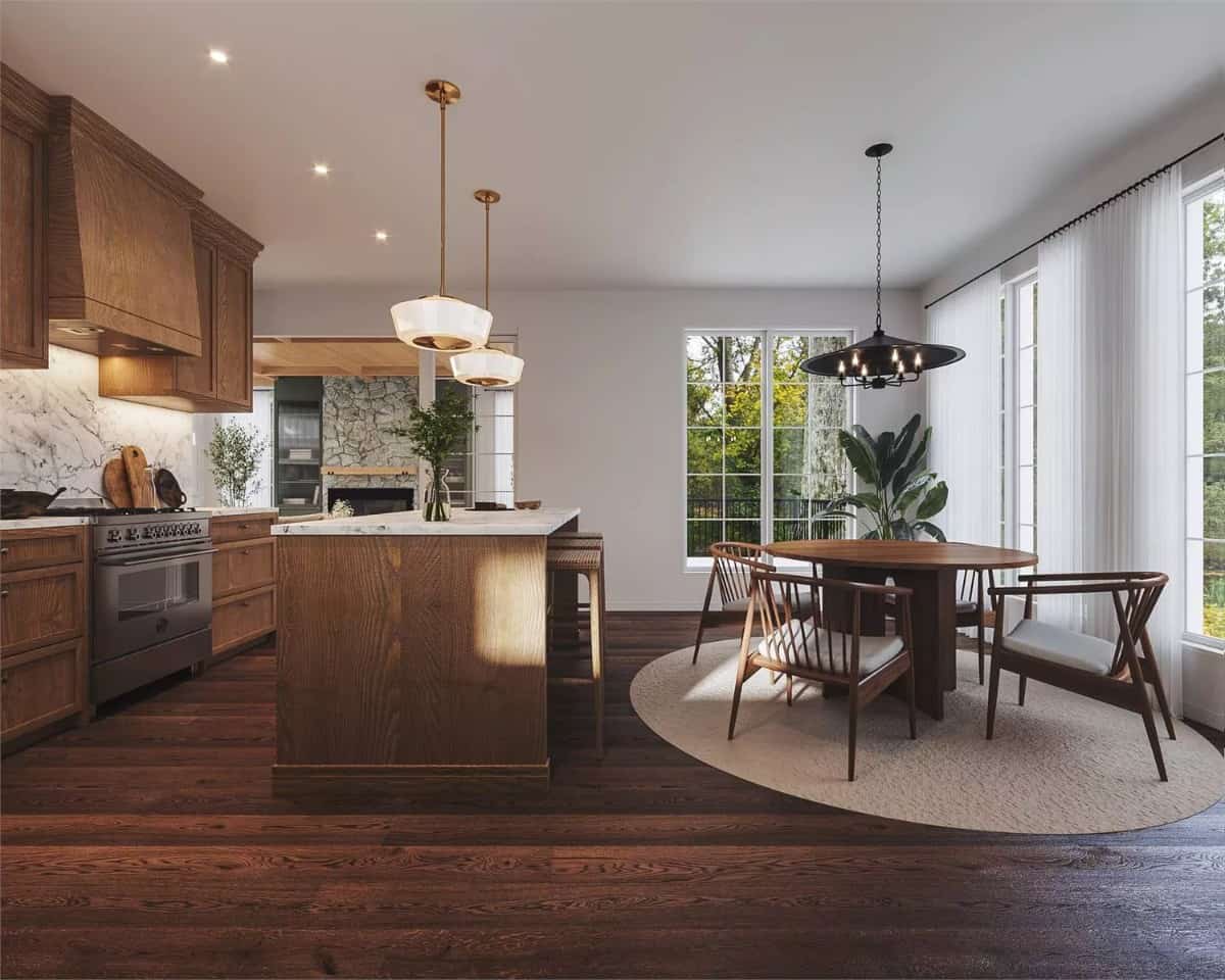 Kitchen and dining area under the regular white ceiling.