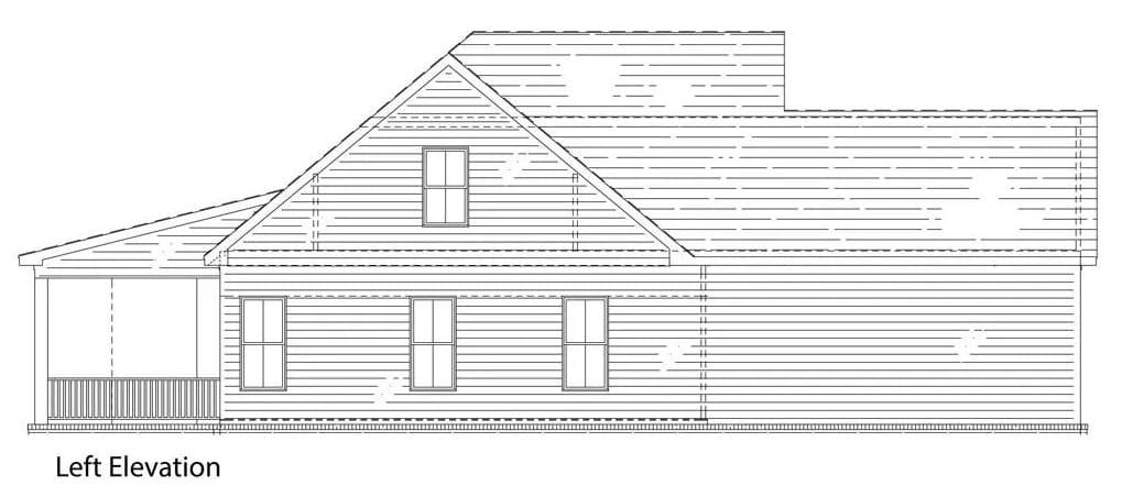Left elevation sketch of the 3-bedroom farmhouse style single-story Cream Puff home.