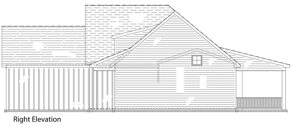 Right elevation sketch of the 3-bedroom farmhouse style single-story Cream Puff home.