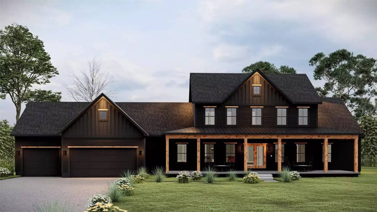 Modern Two-Story 3-Bedroom Farmhouse with Large Front Porch and 3-Car Garage