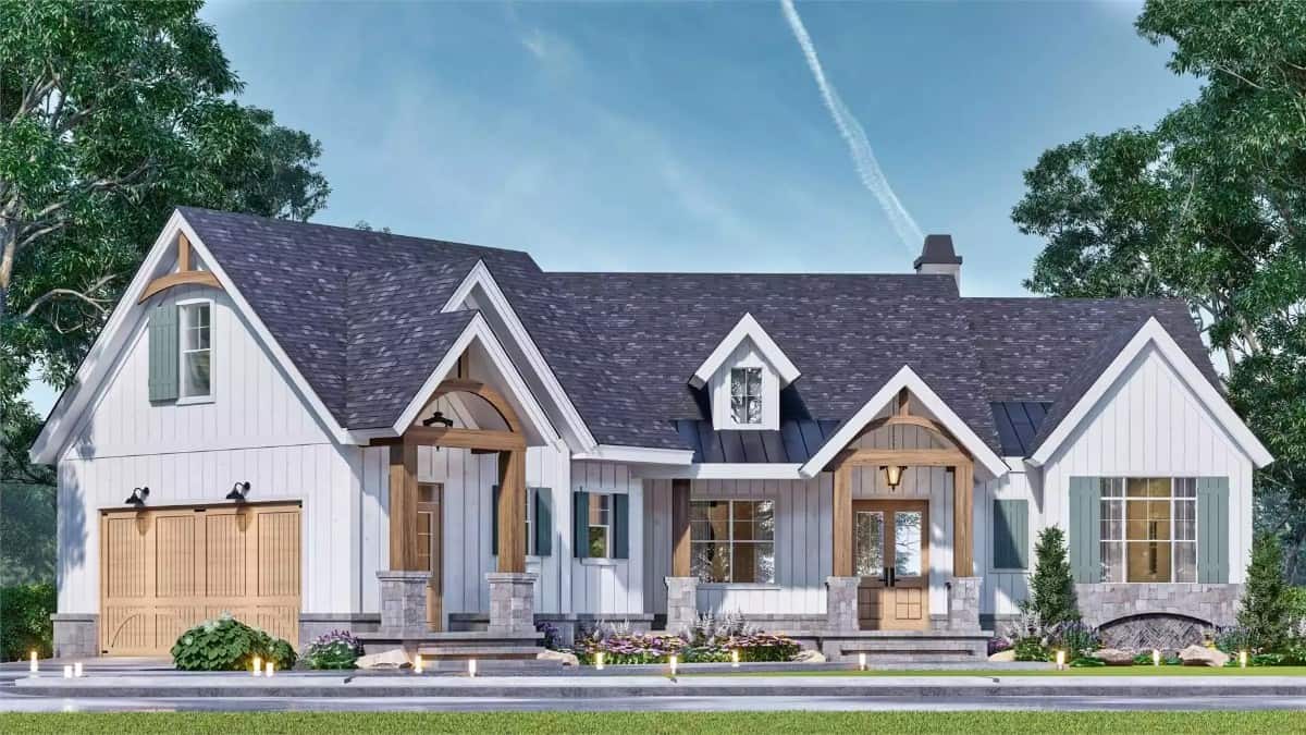 Front view of the house with a covered entry porch and an angled 2-car garage.