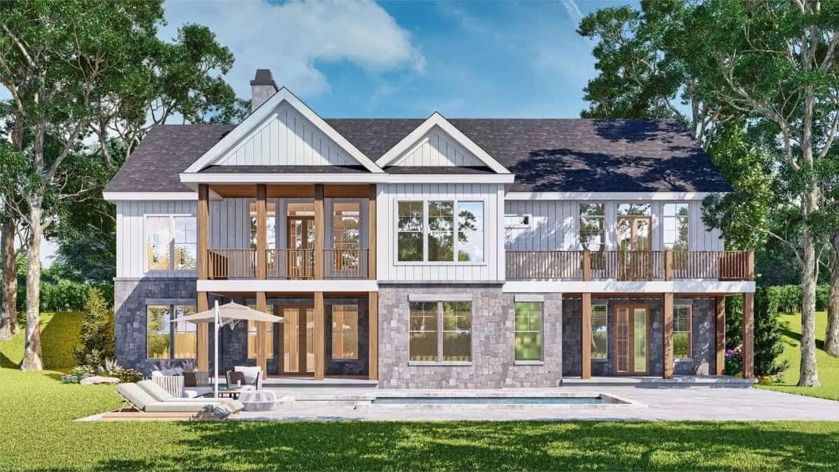 Rear view with stacked porches and a swimming pool.