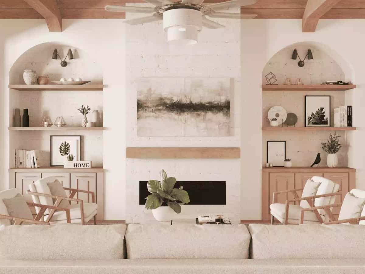 Living room with a fireplace flanked by floating shelves and base cabinets.