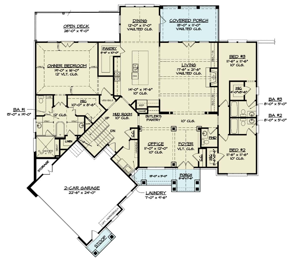 Main level floor plan of a craftsman style 3-bedroom single-story Jade cottage with foyer, living room, dining area, kitchen, office, three bedrooms, and mudroom leading to the angled garage.