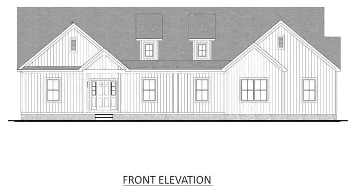 Front elevation sketch of the barndominium style two-story 3-bedroom home.