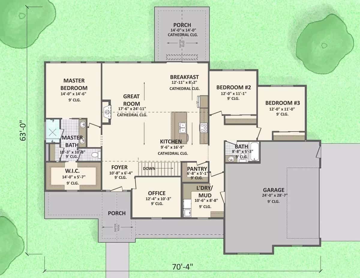 Main level floor plan of a barndominium style two-story 3-bedroom home with a foyer, kitchen, great room, breakfast nook, three bedrooms, and a mudroom leading to the garage.