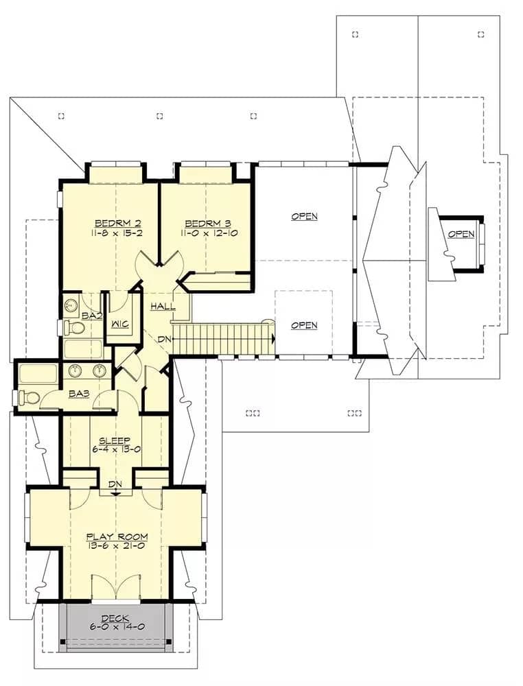 Second level floor plan with two bedrooms, a sleep area, and a play room.