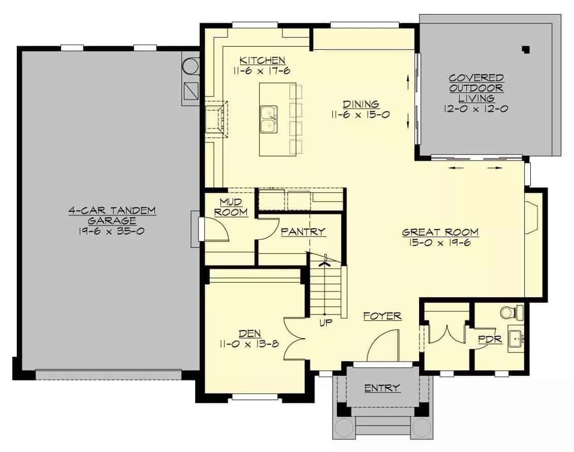 Main level floor plan of a modern 4-bedroom two-story Terra Cova home with a foyer, great room, dining room, kitchen, den, and mudroom leading to the garage.