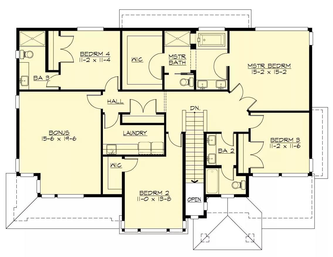 Second level floor plan with four bedrooms, three baths, a laundry, and a bonus room.