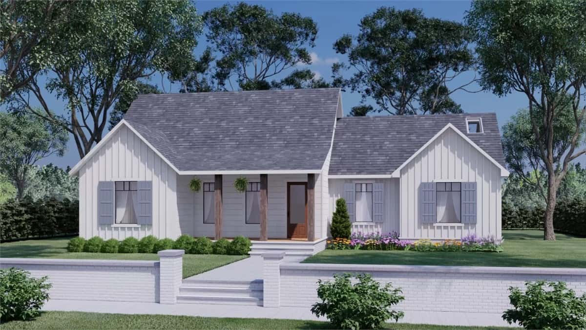 Front view with vertical siding and a covered entry porch.