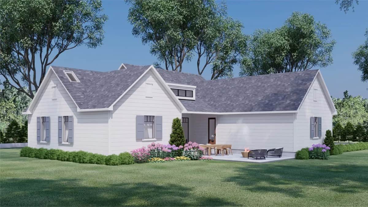 Rear view with multiple gables and a covered patio.