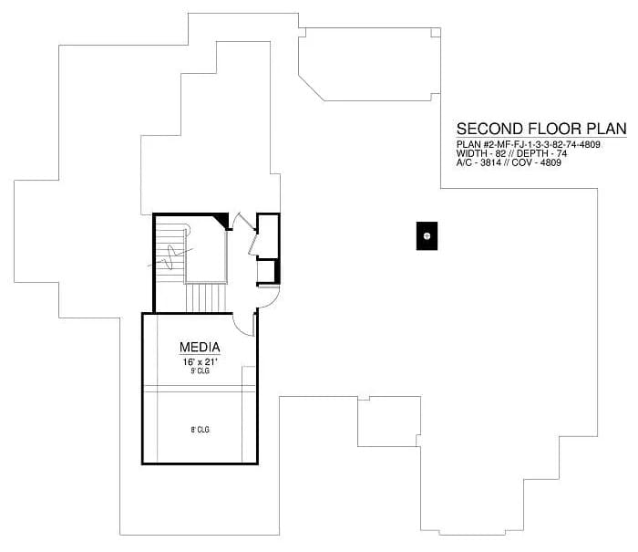 Second level floor plan with a media room.