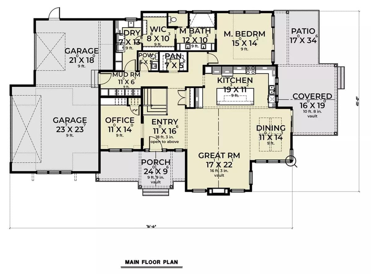 Main level floor plan of a modern farmhouse style two-story 4-bedroom Peakside home with foyer, great room, dining room, kitchen, primary suite, office, and mudroom leading to the garage.
