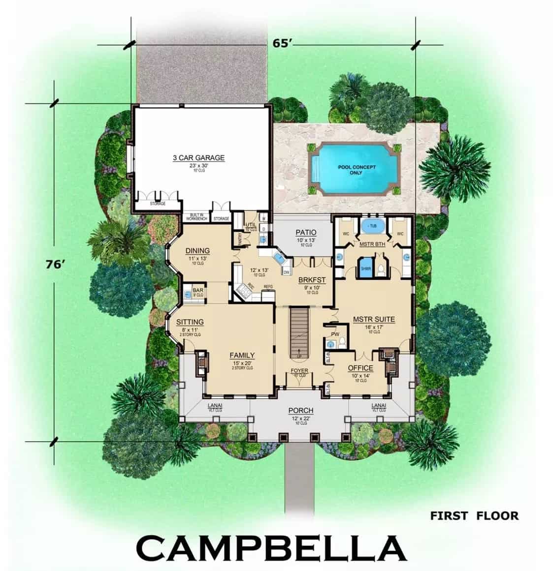Main level floor plan of the Campbella 4-bedroom two-story traditional home with foyer, office, family room, dining room, kitchen, breakfast nook, primary suite, and utility leading to the garage.