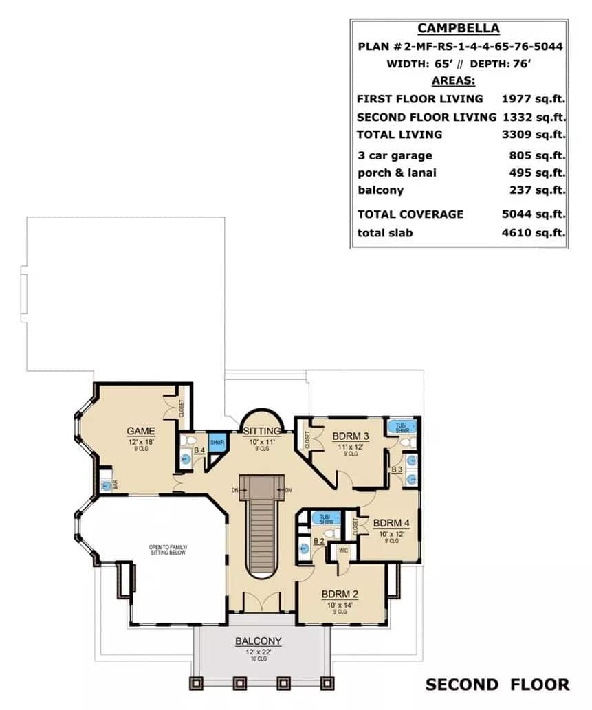 Second level floor plan with three bedrooms, three baths, and a game room with a wet bar.