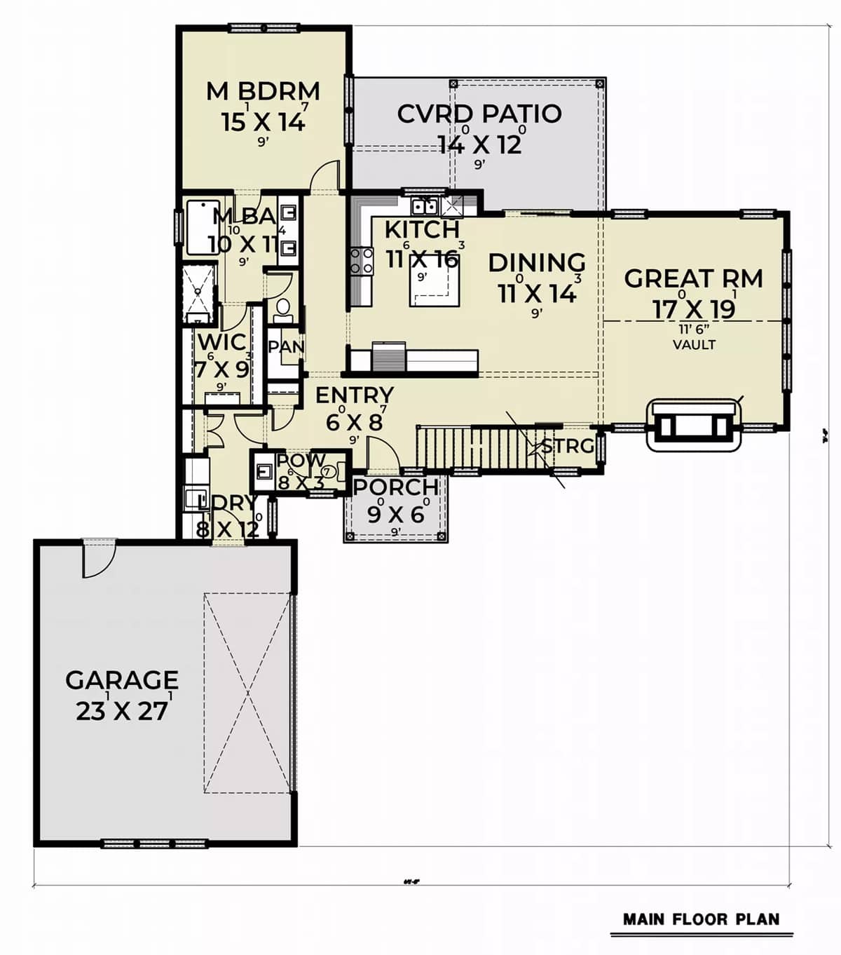 Main level floor plan of a 3-bedroom craftsman style two-story home with foyer, great room, dining area, kitchen, primary suite, and laundry leading to the garage.