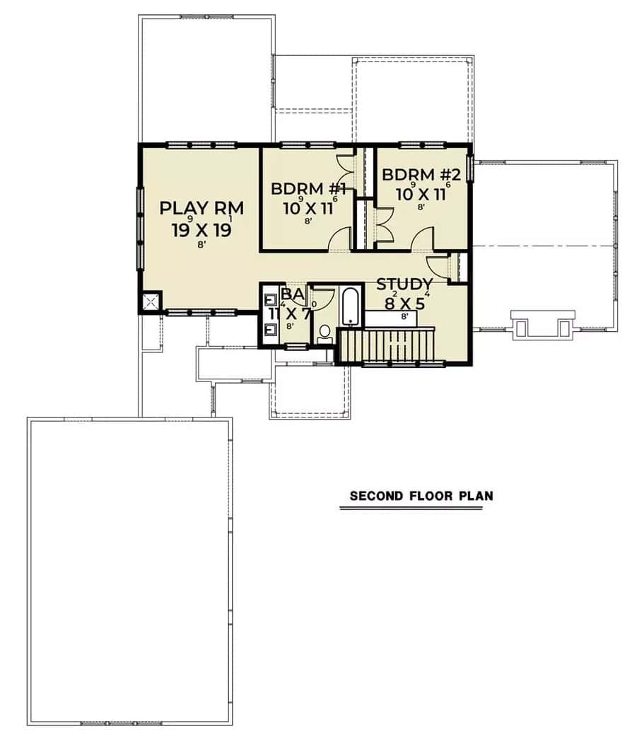 Second level floor plan with two bedrooms, a shared bath, a study, and a playroom.