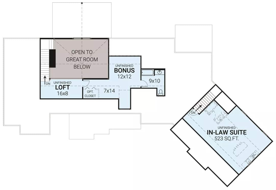 Bonus level floor plan with loft, a flex room, and an in-law suite.