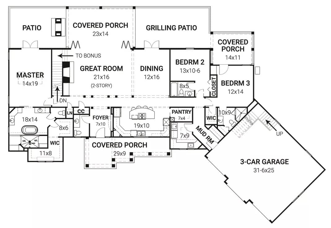 Lower level floor plan with family room, media room, office, game room, kitchenette, and social room that opens to a covered patio.