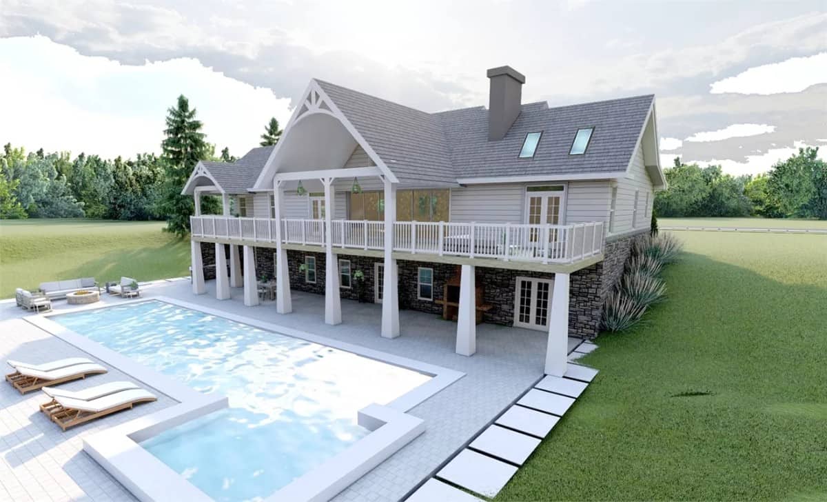 Rear-left view with an expansive patio, a sun deck, and a swimming pool.