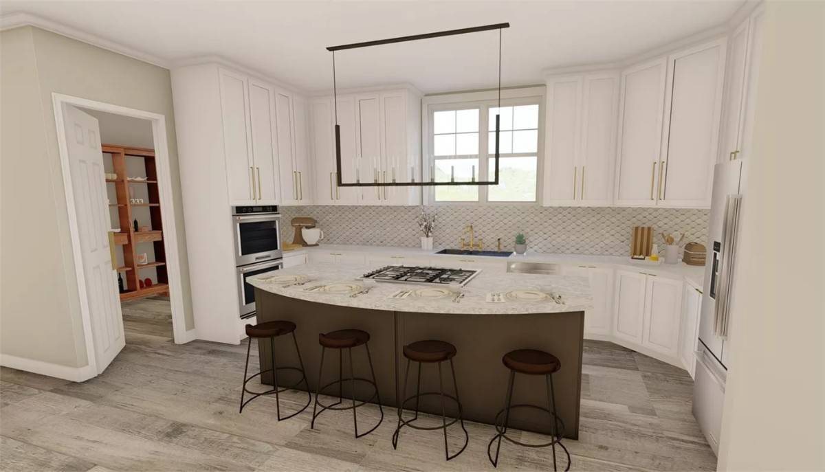 Kitchen with white white cabinetry, a walk-in pantry, and a cooktop island with bar seating.