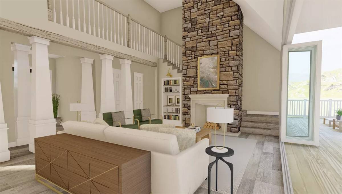 Folding glass doors extend the great room onto a covered porch.
