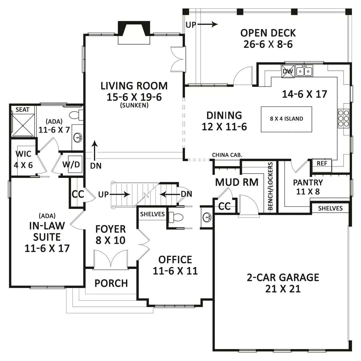 Main level floor plan of the Linnwood two-story 4-bedroom traditional home with foyer, in-law suite, office, living room, dining room, kitchen, and mudroom leading to the garage.