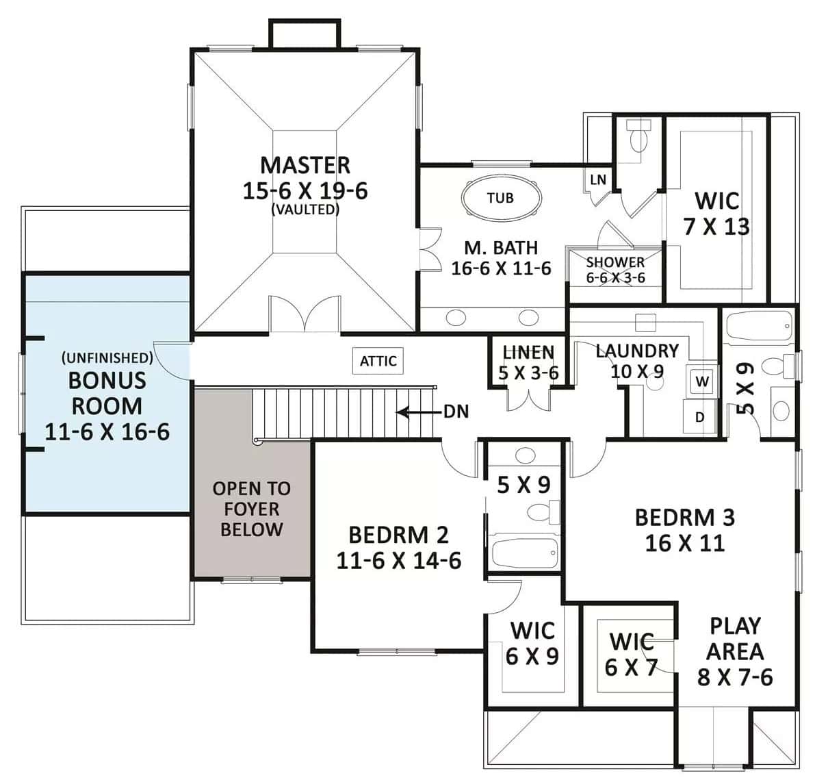 Second level floor plan with three bedroom suites, a laundry, and a bonus room.