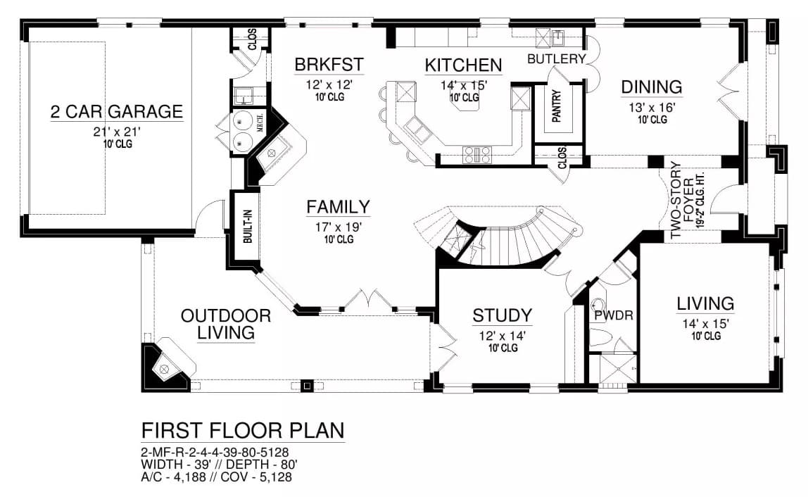 Main level floor plan of a traditional style two-story 4-bedroom home with foyer, family room, kitchen, dining area, study, living room, and rear garage.
