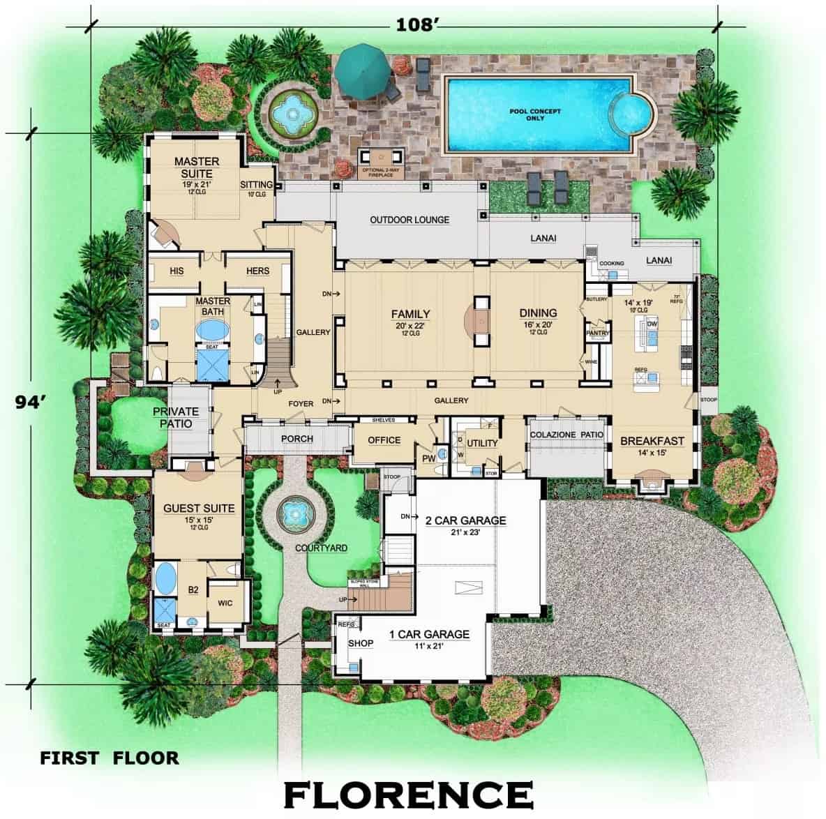 Main level floor plan of the Florence 4-bedroom two-story European style villa with foyer, family room, dining room, breakfast nook, kitchen, two bedroom suites, office, utility, 3-car garage, and courtyard.