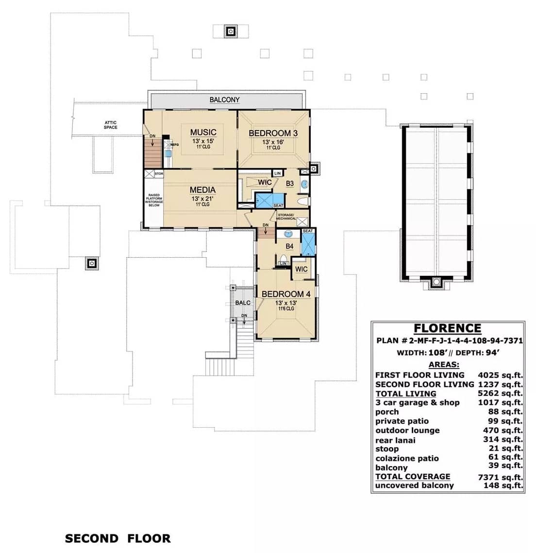 Second level floor plan with two bedrooms, media room, and music room that opens to a balcony.