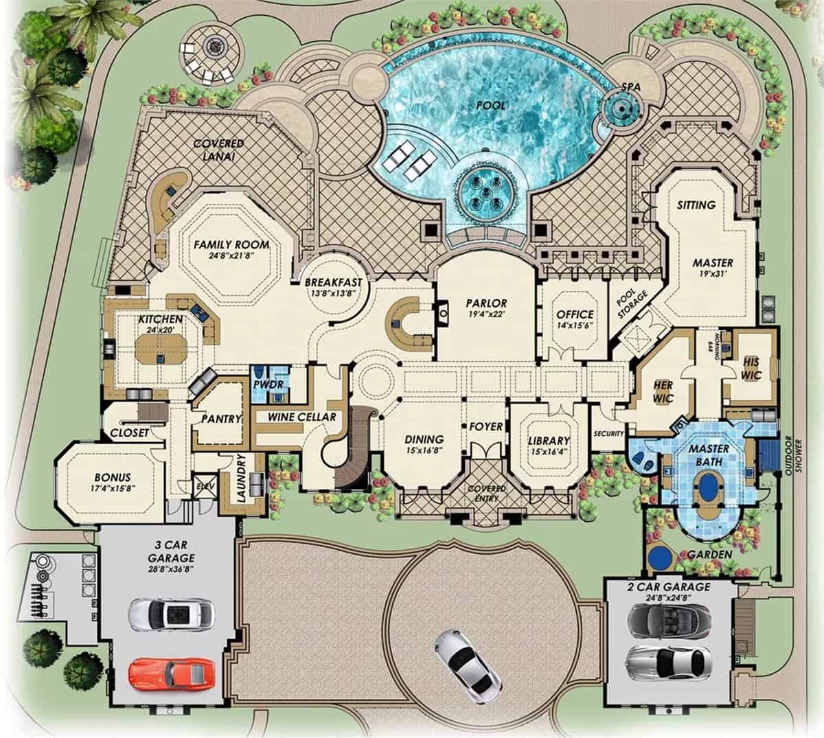 Main level floor plan of a two-story Mediterranean style 5-bedroom Wildcherry home with foyer, dining room, library, parlor, kitchen, breakfast nook, family room, primary suite, bonus room, multiple garages, and tons of outdoor space.