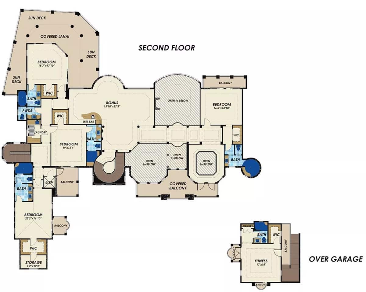 Second level floor plan with four bedrooms, a bonus room, and a fitness room over the double garage.