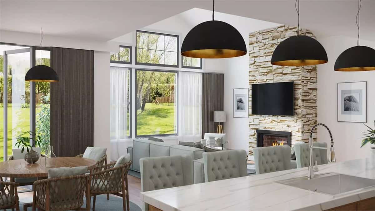 View of the dining area and great room from the kitchen.